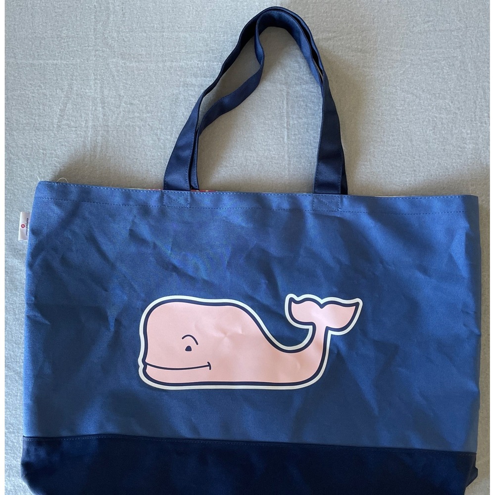 Vineyard Vines Target Pink Whale Tote Blue Large Beach Bag Patchwork Interior